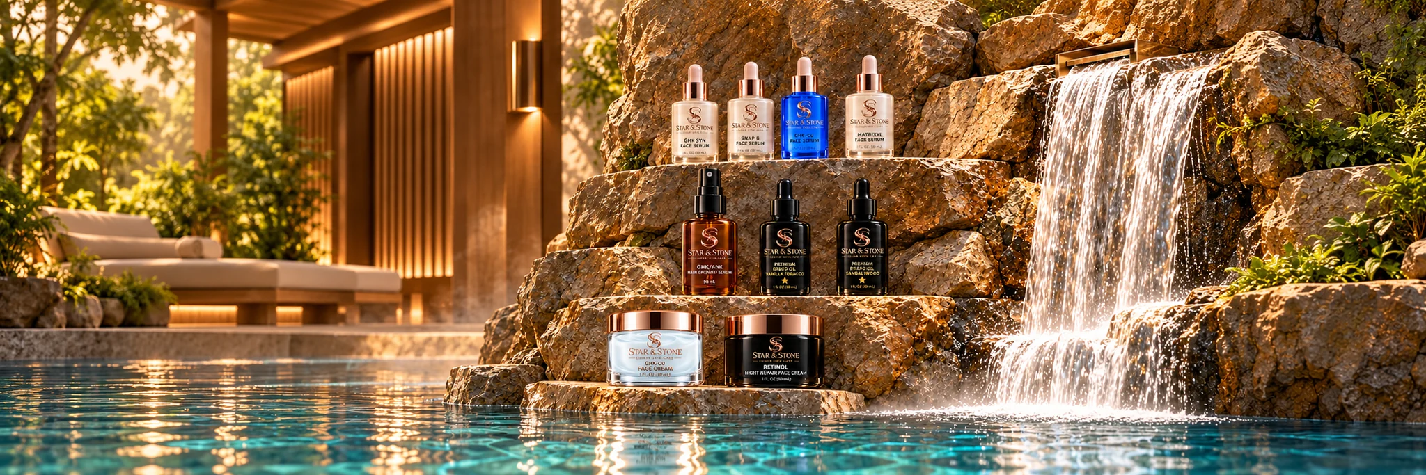 Star & Stone skincare and grooming products on natural stone ledges beside a luxury spa waterfall